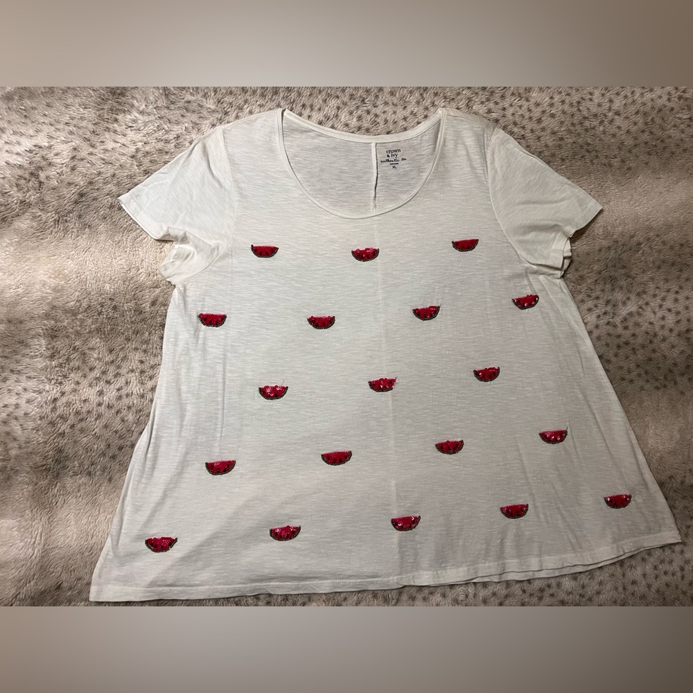 CROWN & IVY Summer Knit Watermelon Swing Tee T  Shirt Top EUC  XL Retail $40.50